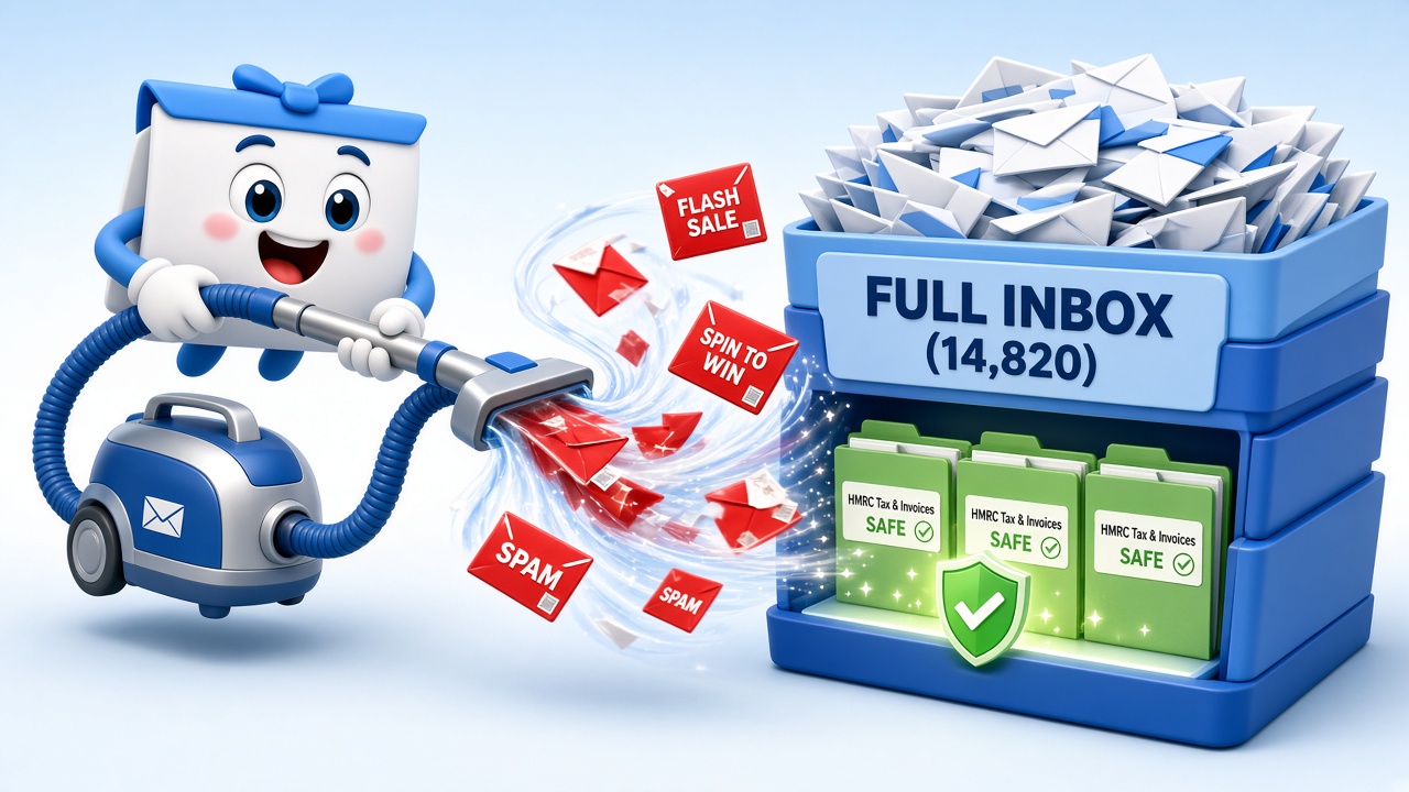 Hovering Inbox Buddy envelope mascot holding a hoover nozzle right up to a bursting FULL INBOX (14,820) tray, sucking out red spam envelopes while HMRC Tax & Invoices stay locked safe
